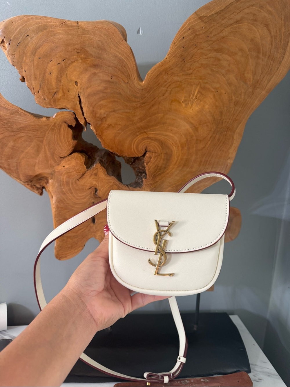 Saint Lauren* Cream Leather YSl Monogram Crossbody Bag with Burgundy Trim